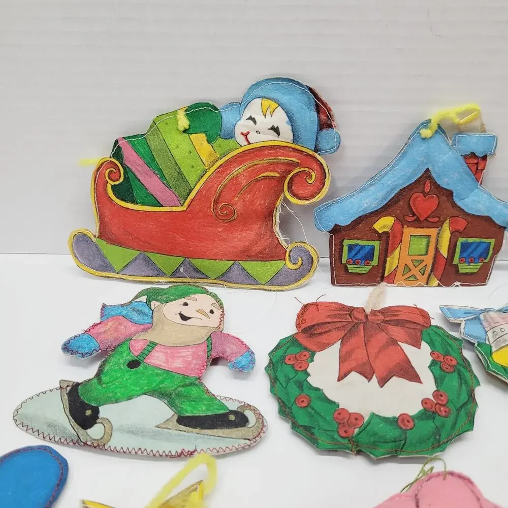 Handmade Sewn Painted Christmas Stitched Stuffed Fabric Ornaments Vtg Lot of 15